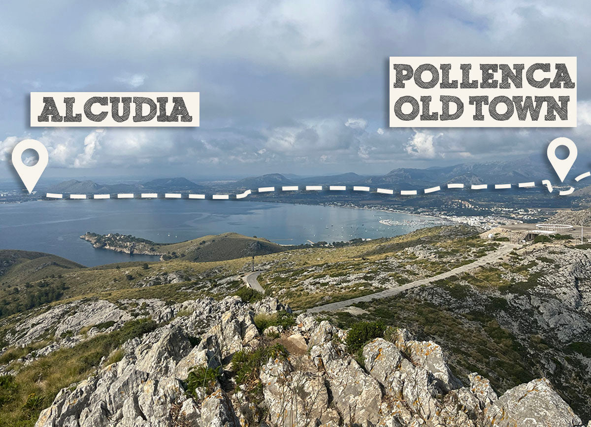 View from high up, showing the road around Pollenca bay