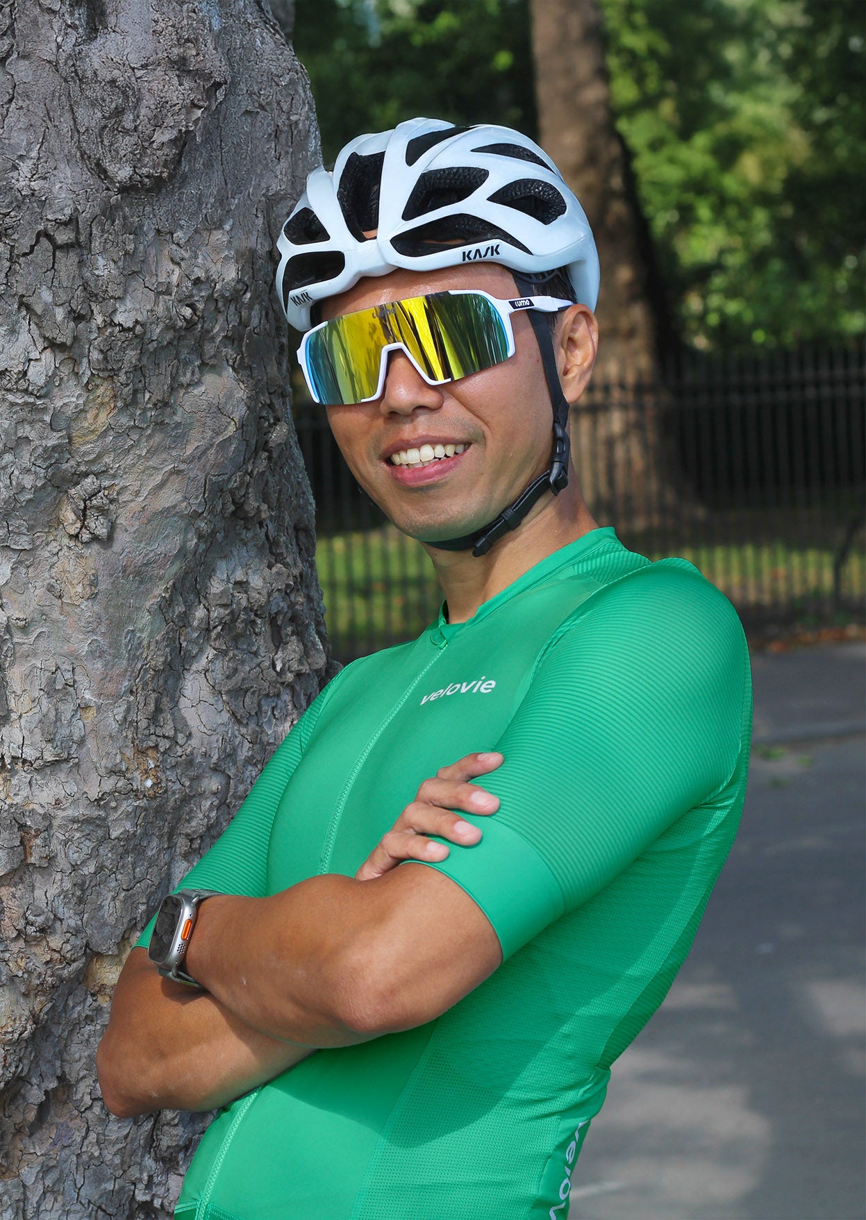 Velovie Element cycling jersey in Spring Green, worn with Halo Sunglasses from Lumo with white frames