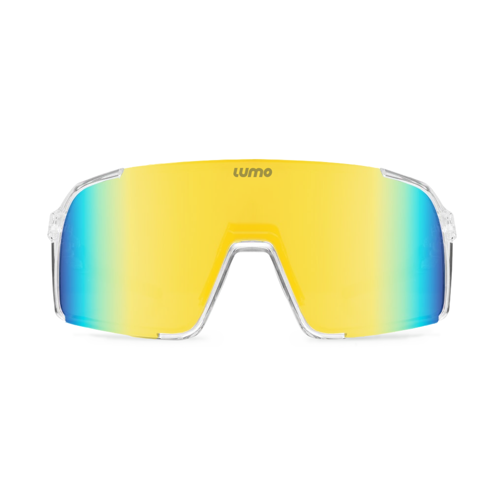 Lumo Halo with transparent frame and gold blue lens