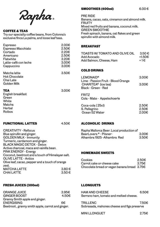 Rapha Palma Mallorca - Menu