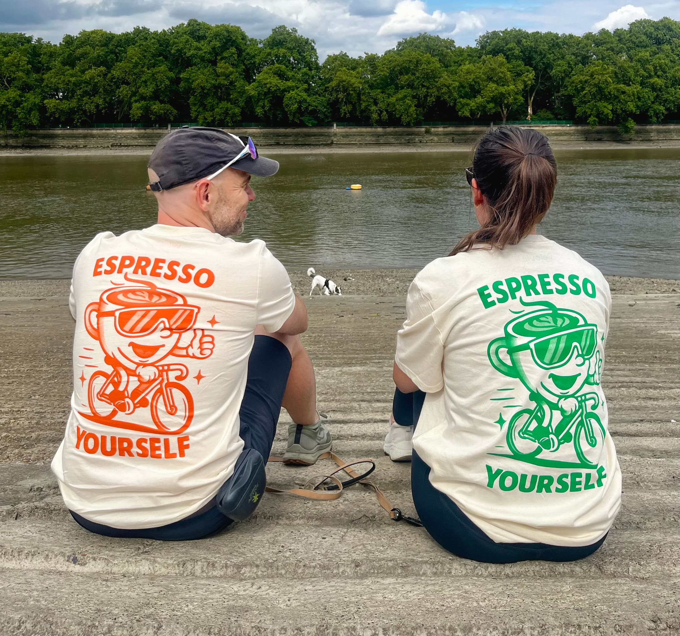 Jamie & Elsa from Velovie, wearing our Espresso T-Shorts on Putney Riverside outside Clubhouse in london