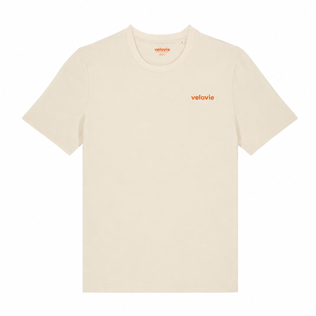 Beige t-shirt with 'velovie' logo on a white background