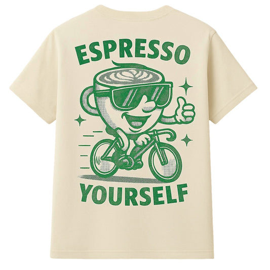 Raw t-shirt with green espresso-themed graphic and text on a white background