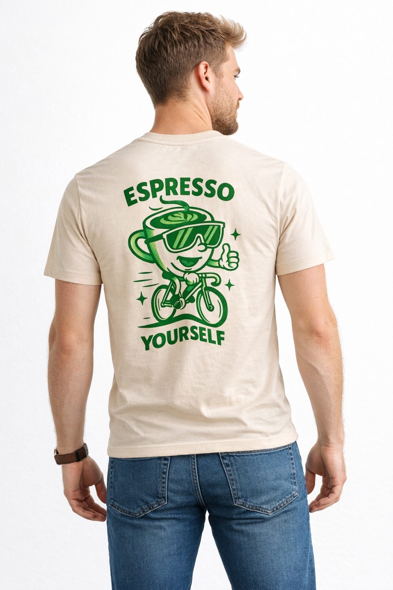Man wearing a raw t-shirt with a green graphic and text on the back, standing against a white background.