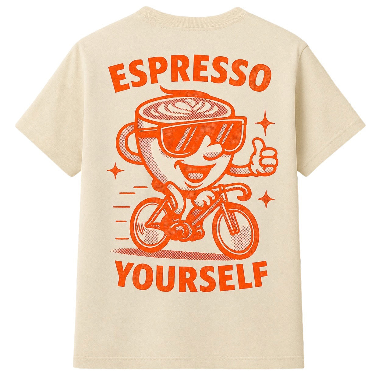 Raw t-shirt with orange espresso-themed graphic and text on a white background