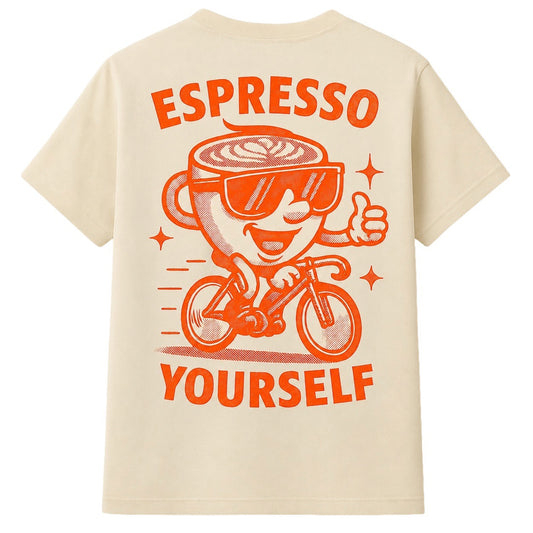 Raw t-shirt with orange espresso-themed graphic and text on a white background