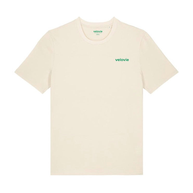 Raw t-shirt with 'velovie' logo on a white background
