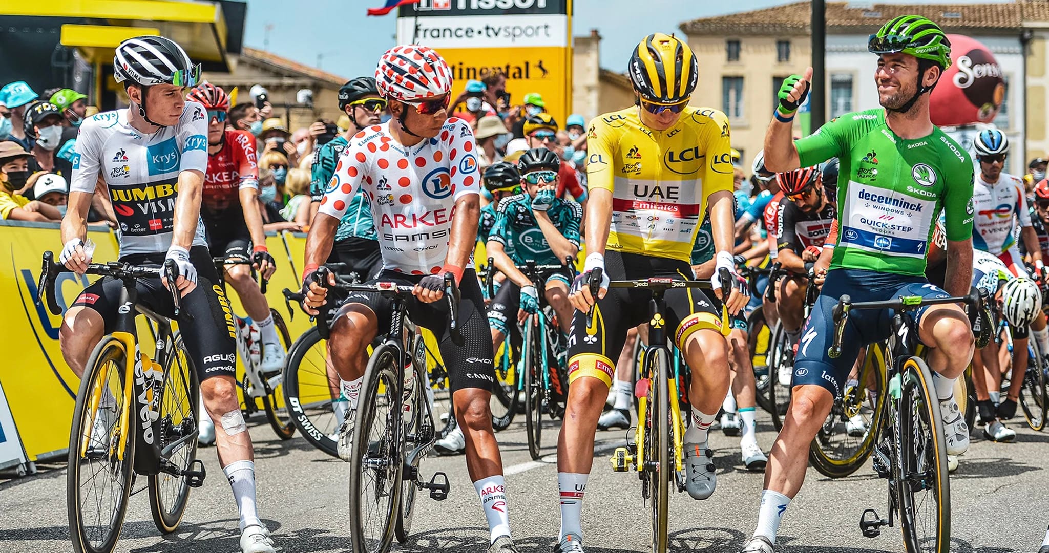 Leader Jerseys on the start line of the Tour de France