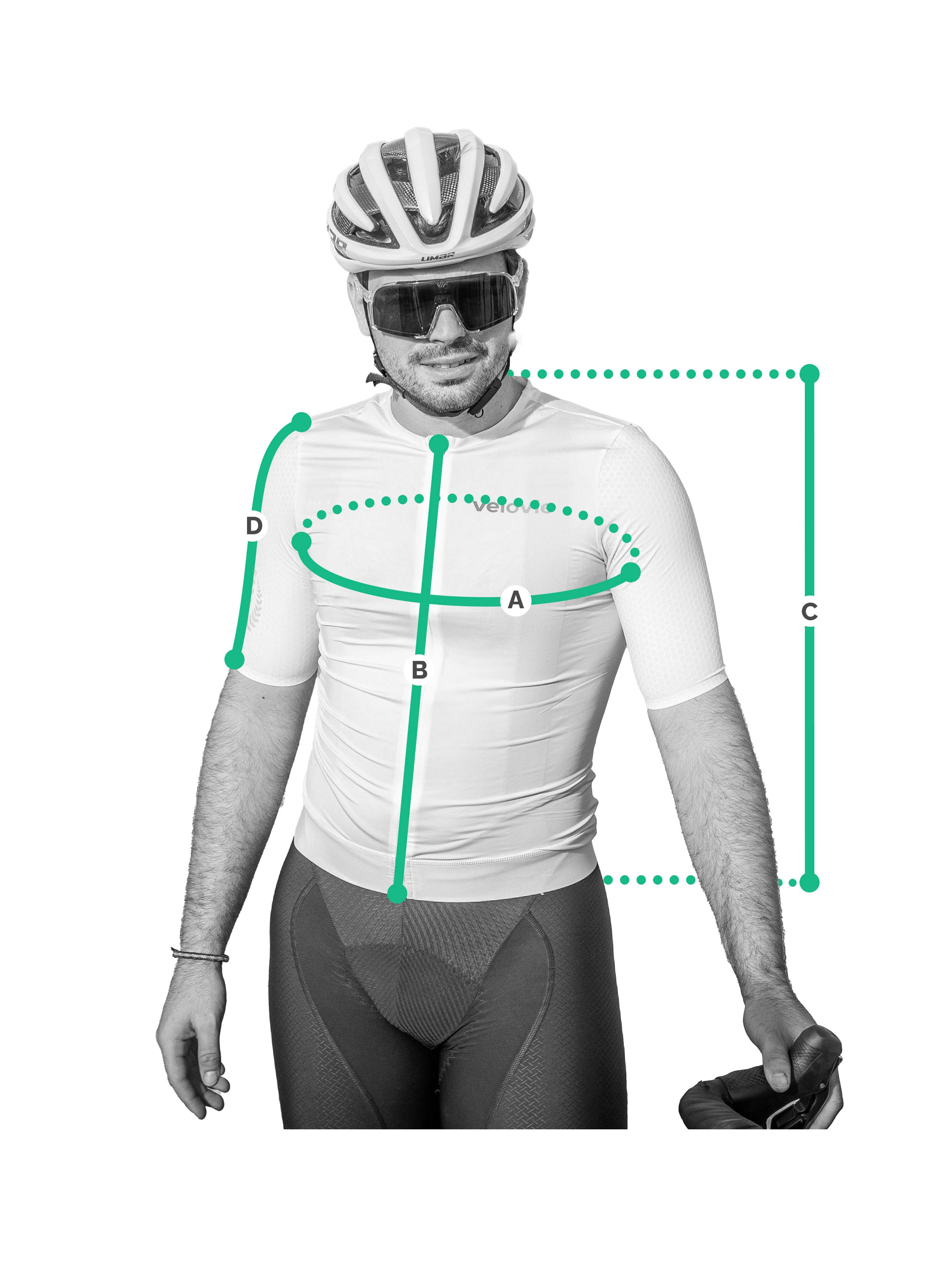 Cyclist wearing a white cycling jersey with measurement lines on a white background