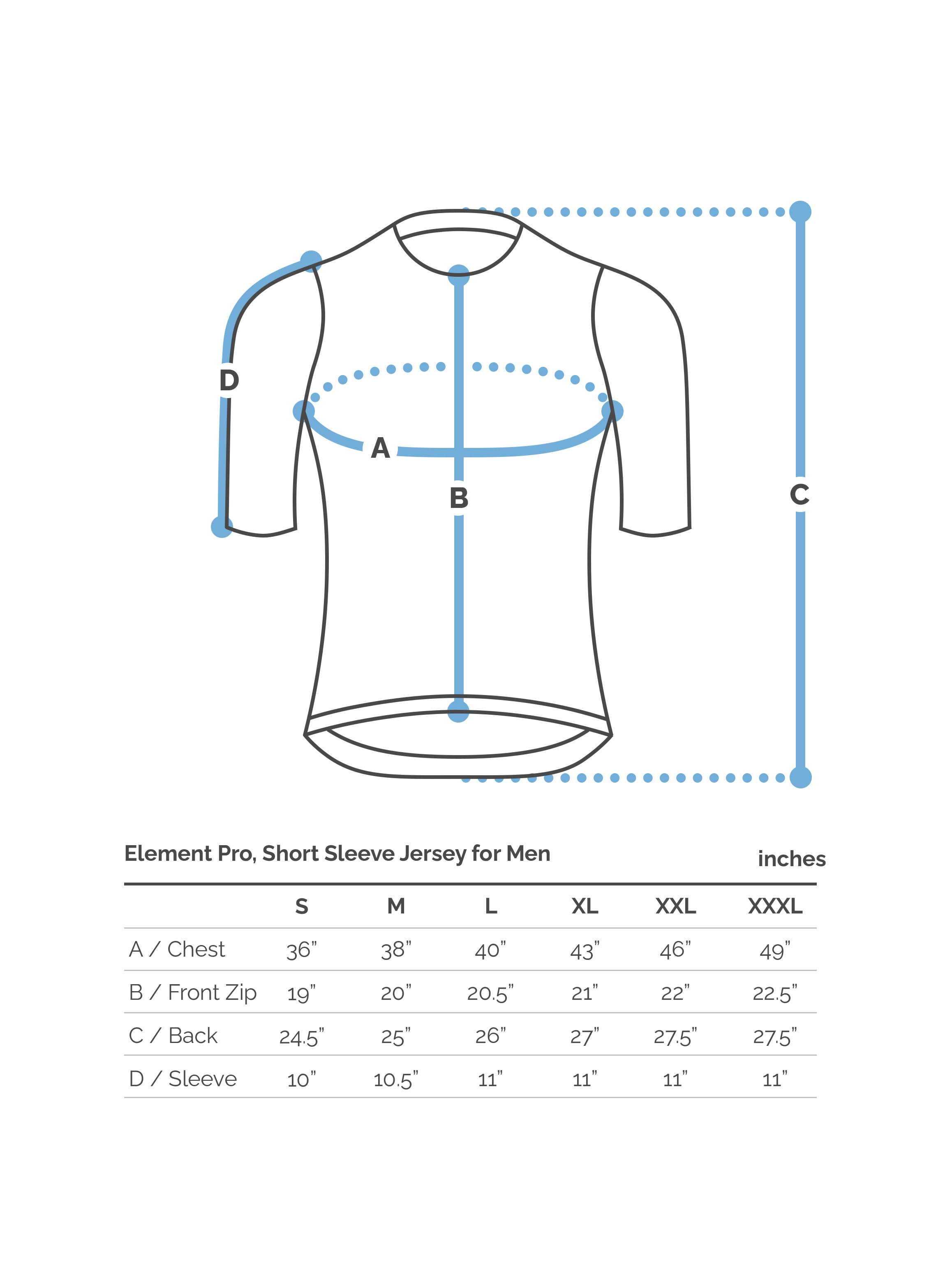 Size Chart showing the measurements for Velovie Element Pro short sleeve jersey, with a diagram