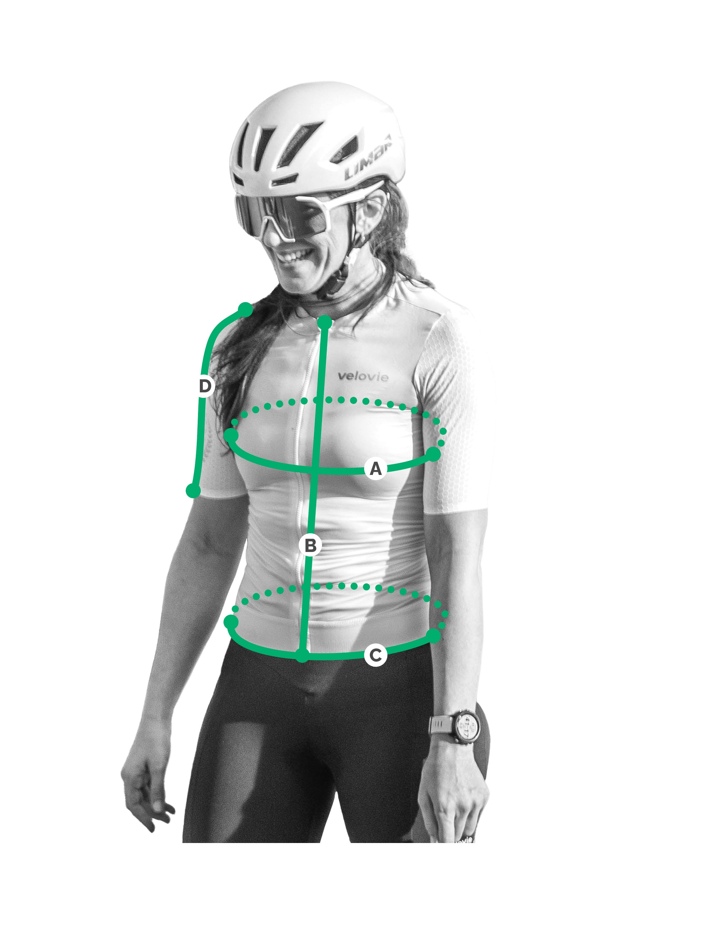 Person wearing a white cycling jersey with green measurement lines on a white background