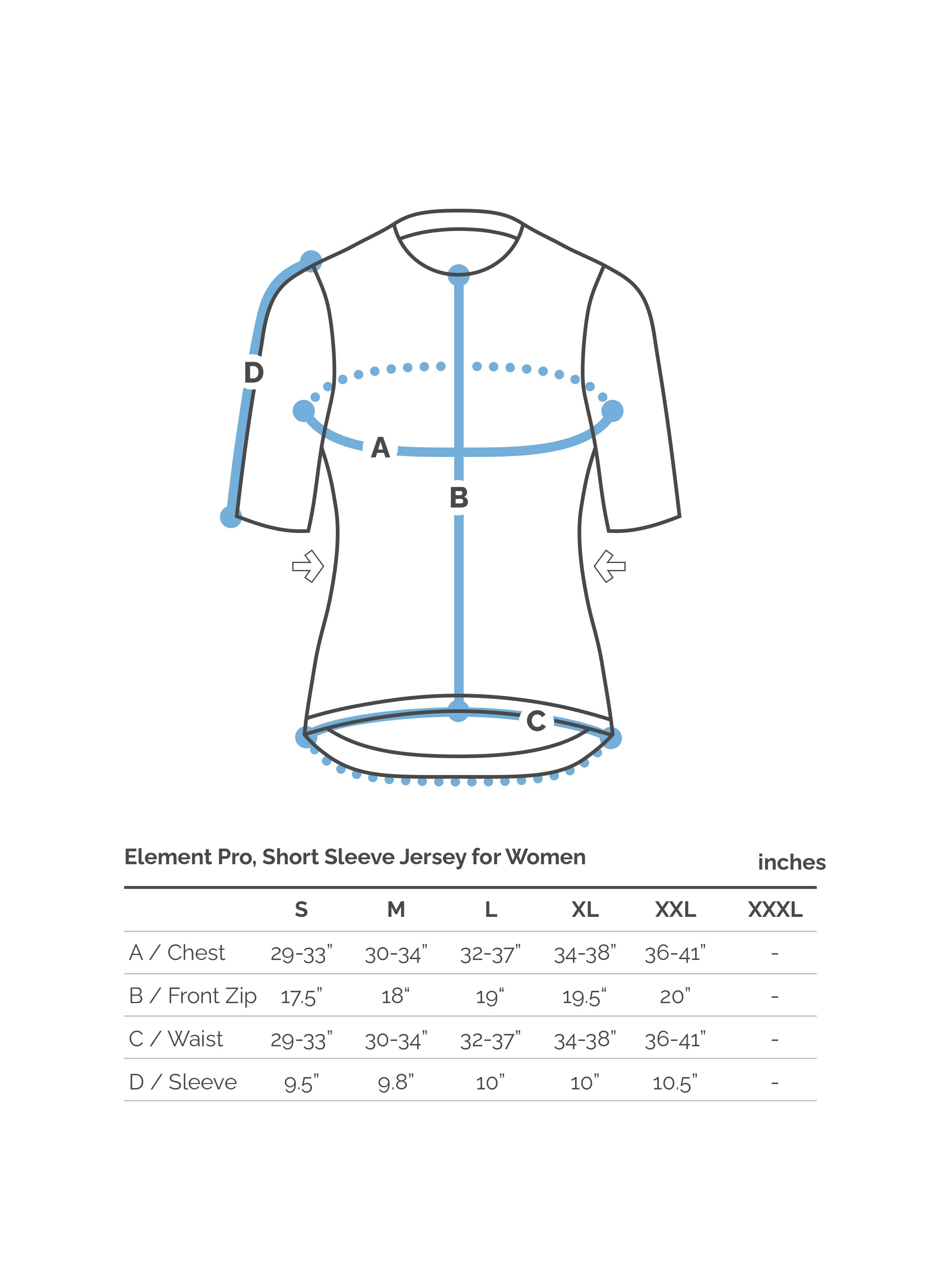 Size Chart showing the measurements for Velovie Element Pro short sleeve jersey, with a diagram