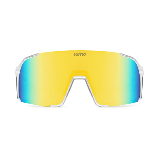 Lumo Halo with transparent frame and gold blue lens