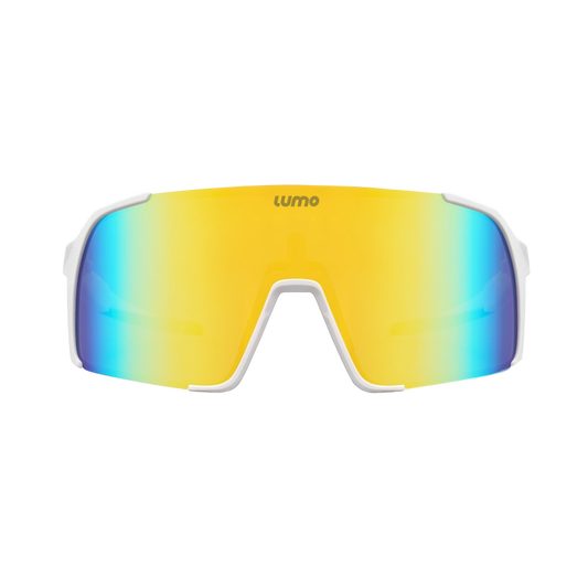 Lumo Halo with white frame and gold blue lens