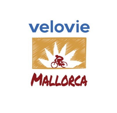 Logo of velovie Mallorca with a cyclist on a palm tree