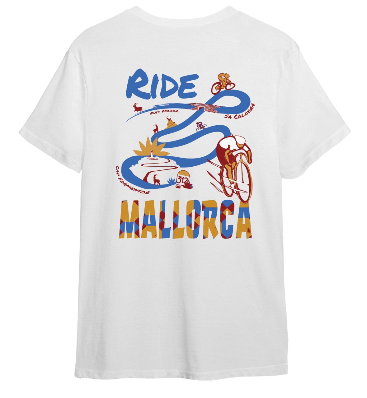 White t-shirt with colorful 'Ride Mallorca' graphic design on a white background