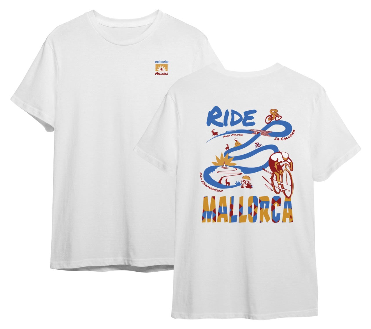 White t-shirt with colorful graphic design on a white background