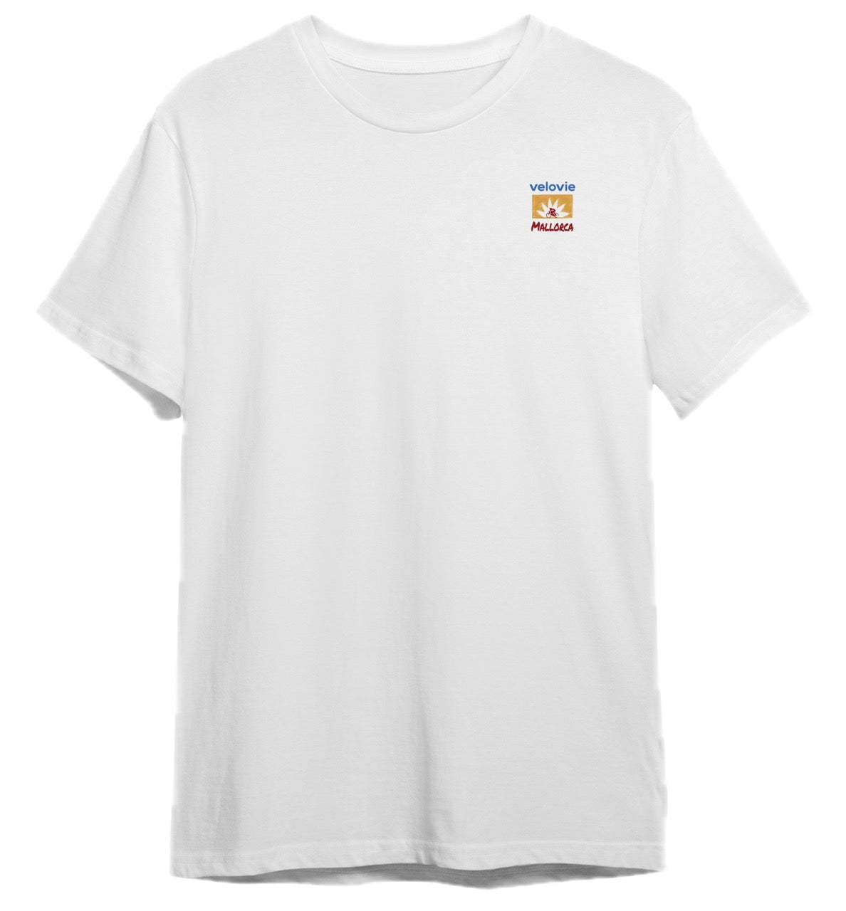 White t-shirt with a logo on a white background
