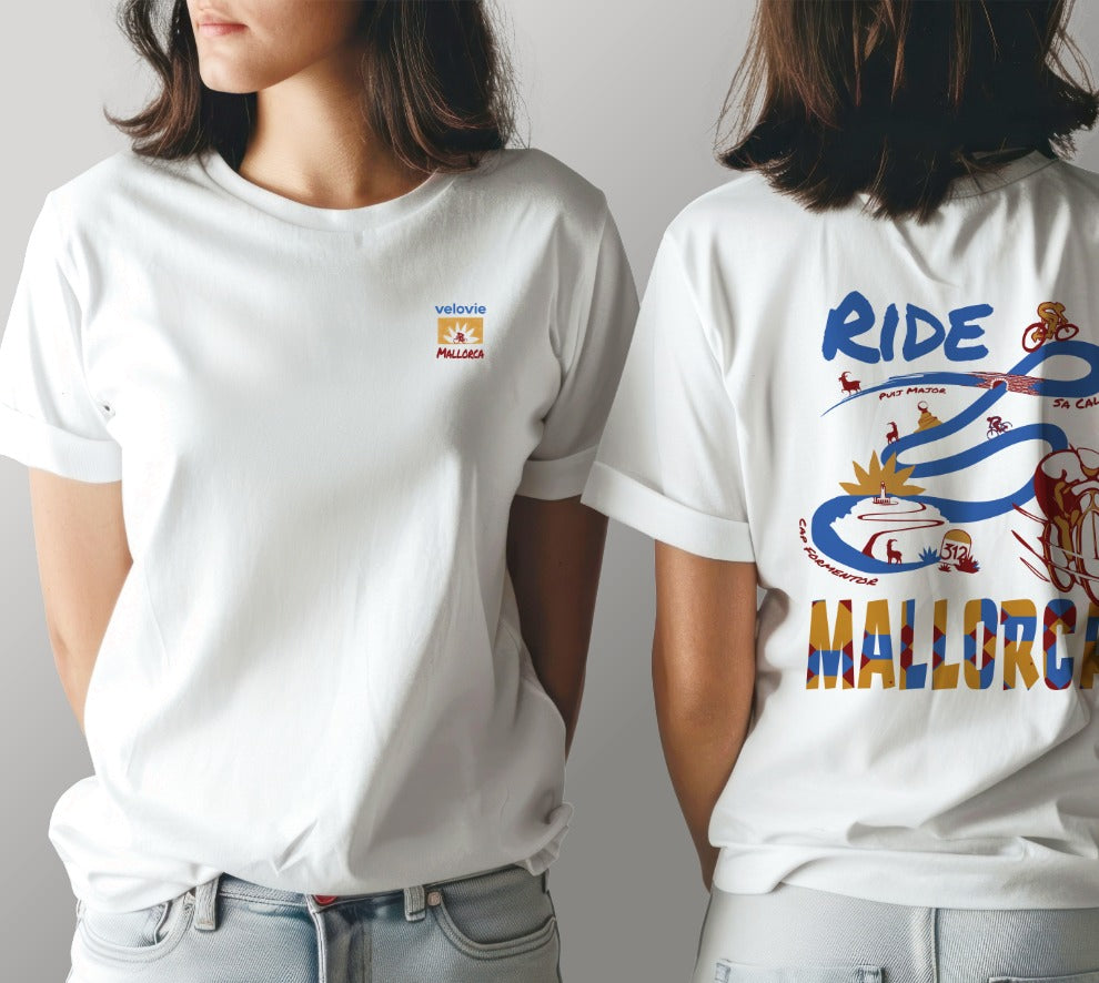 White t-shirt with 'Ride Mallorca' design on front and back worn by a person.