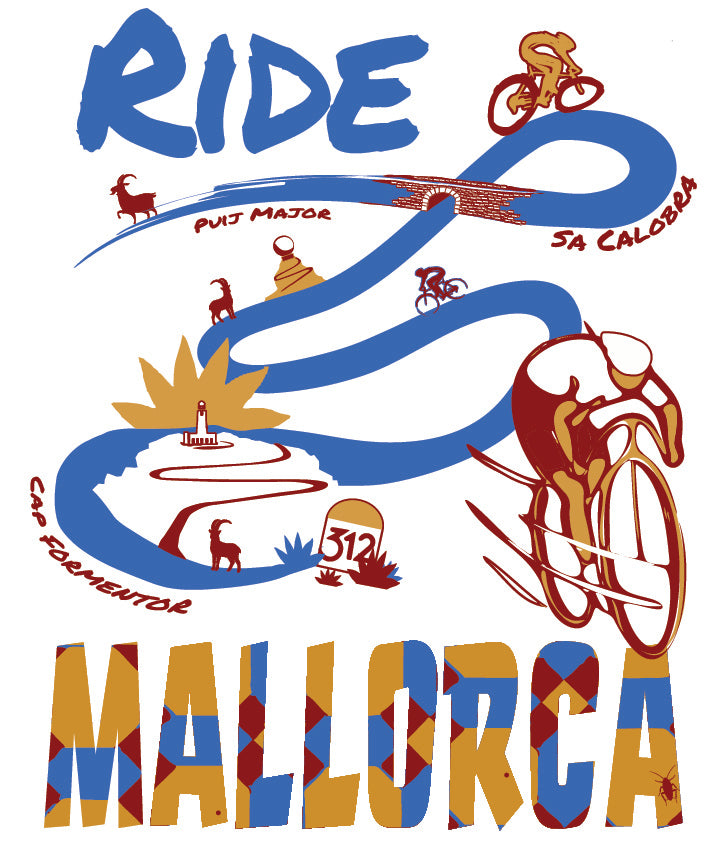 Illustration of a cycling route on Mallorca with text and cyclist graphics.